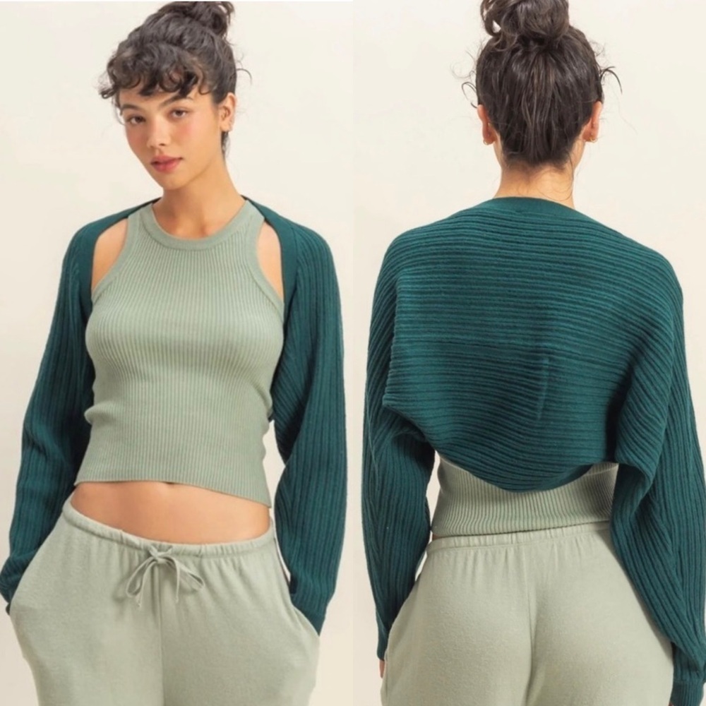 NEW Double Zero Green Ribbed Knit Cropped Bolero Cardigan Open Front Medium